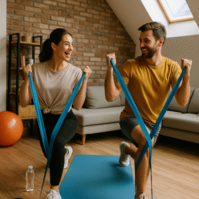 Pareja joven entrenando en casa con bandas de resistencia en un ambiente moderno, saludable y relajado